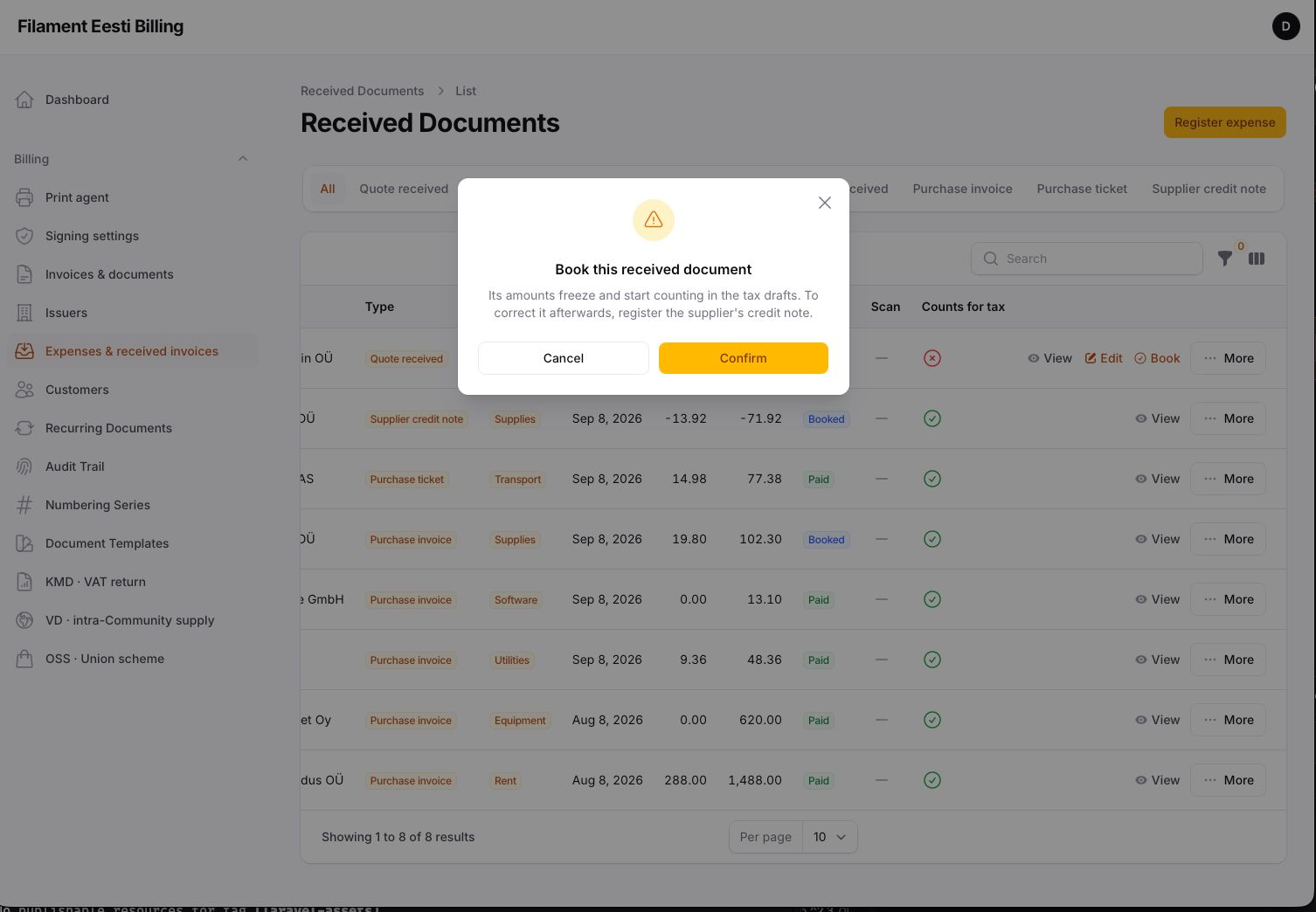 Expenses — booked purchases feeding the KMD