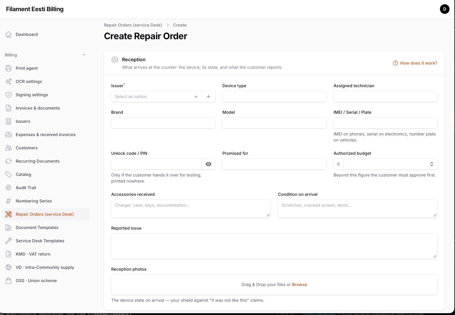 Repair order — reception, quote, delivery, tracking