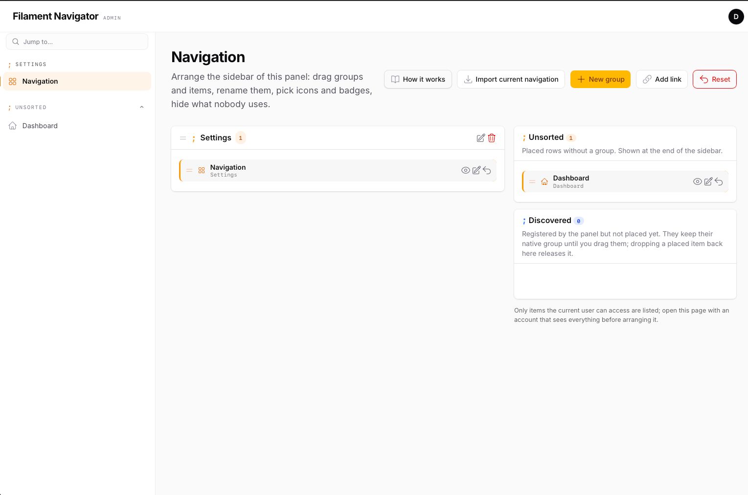 Settings page — groups, Unsorted and Discovered, drag and drop between lists