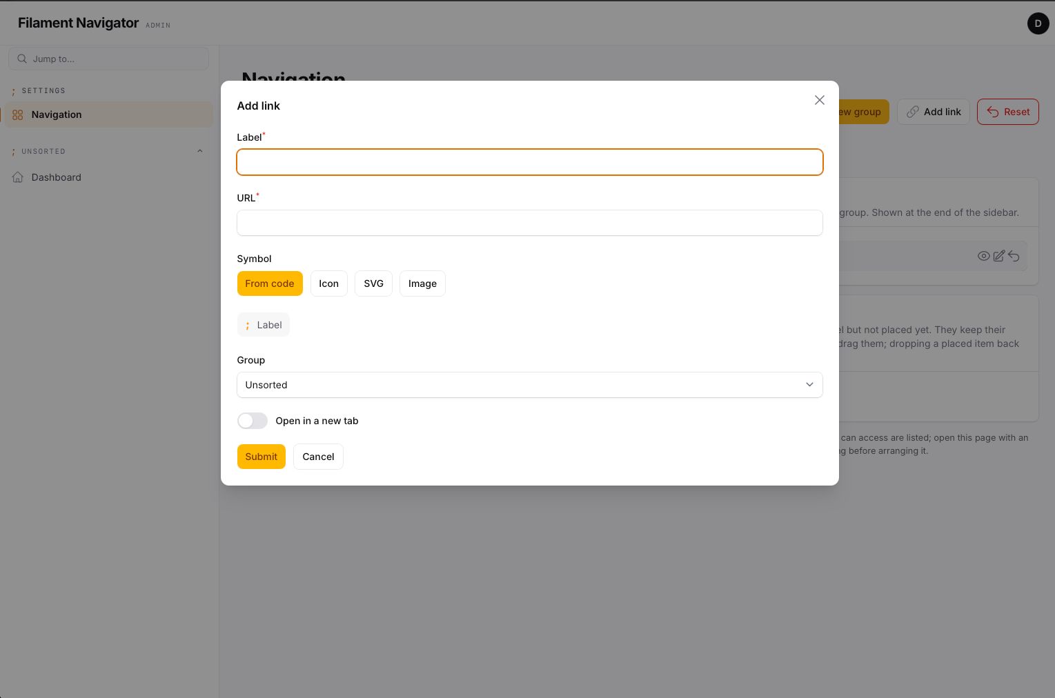 Symbol selector — marker, icon, SVG or image, with a live preview of the row