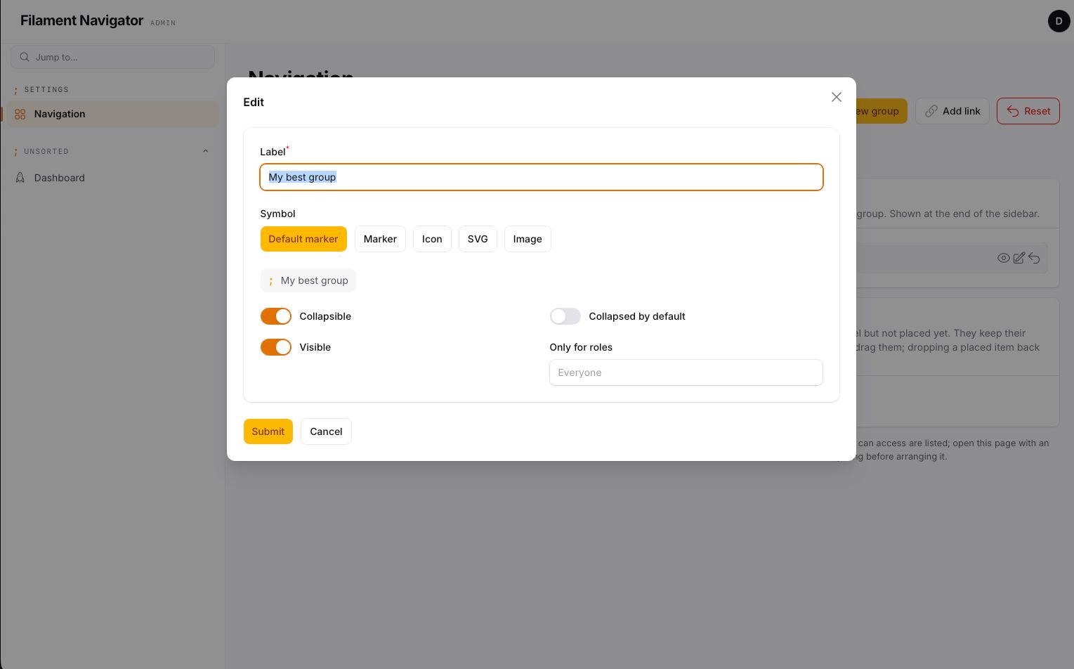 Editing a group — label, symbol, collapsible, visibility and roles