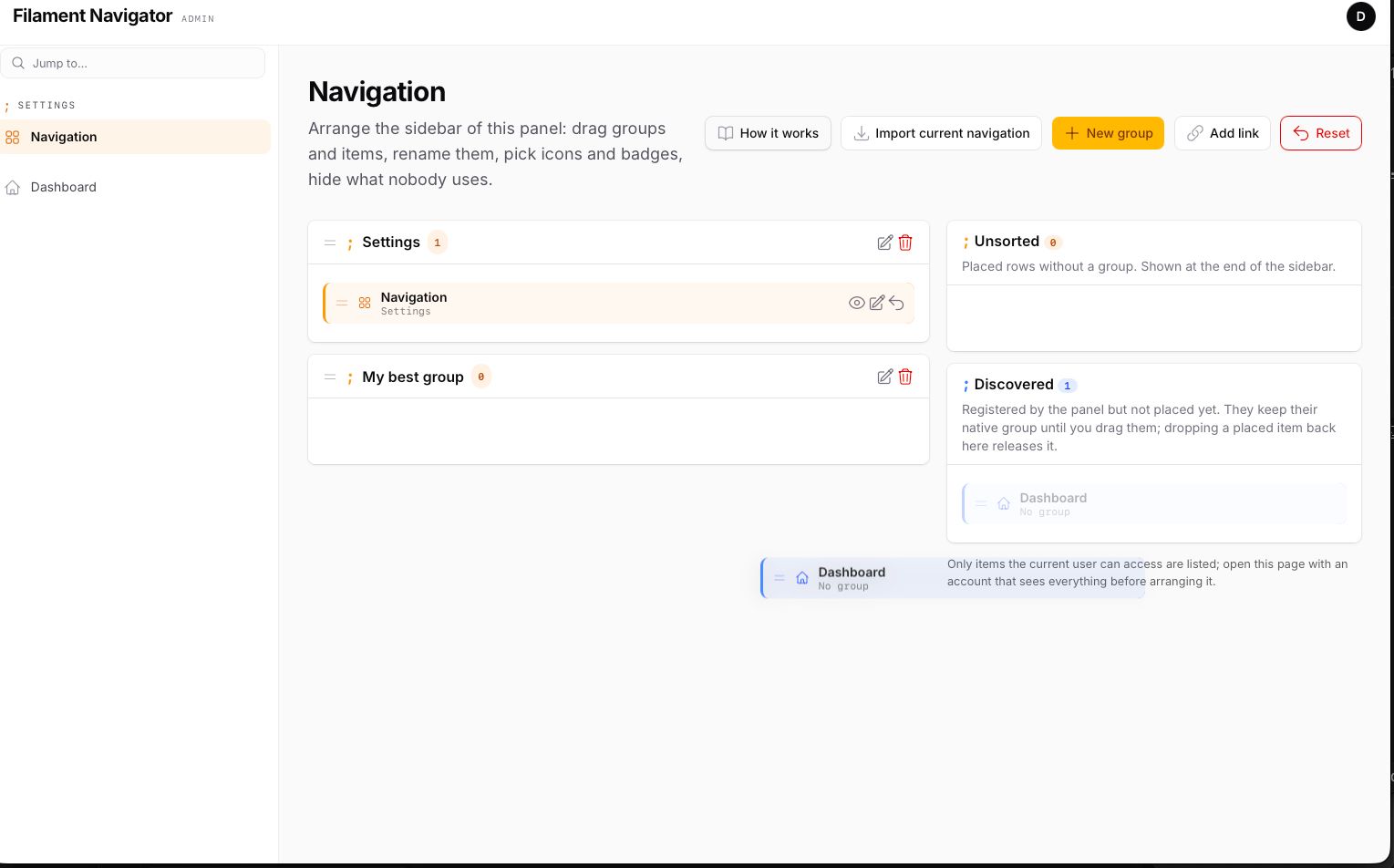 Editing an item — label, URL, symbol, badge and roles