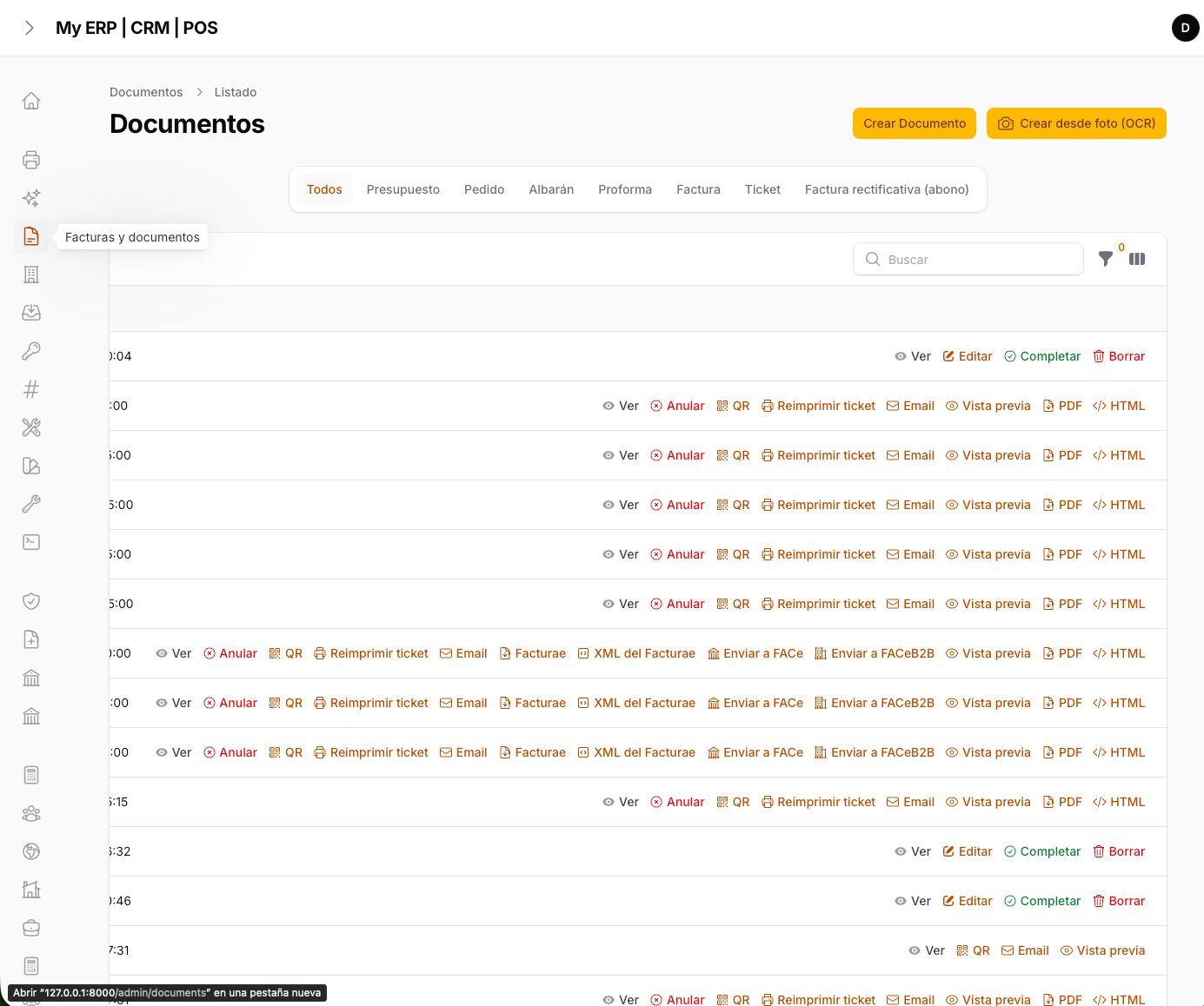 Invoices & documents — list with actions