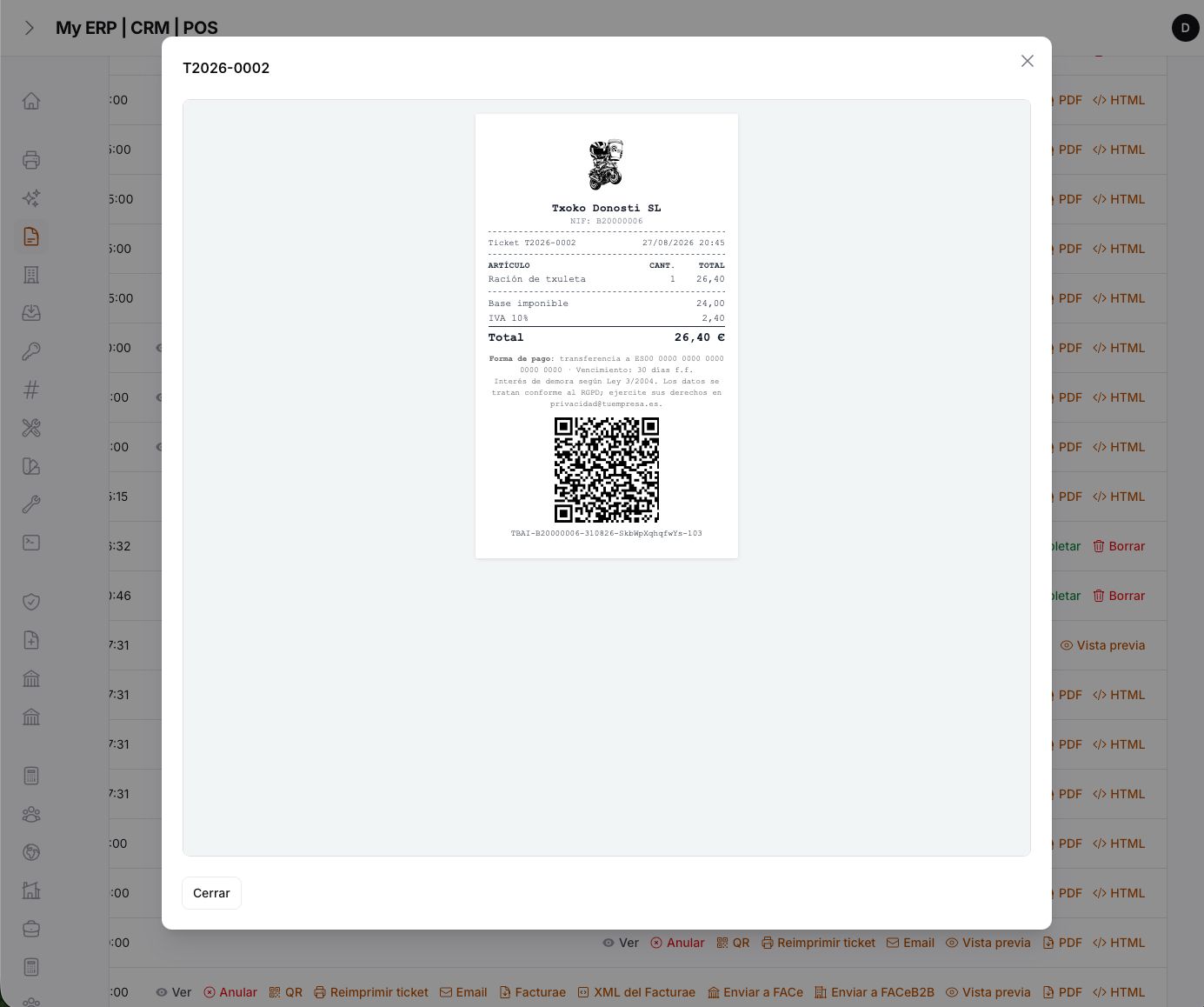 Ticket preview — 80 mm roll with QR