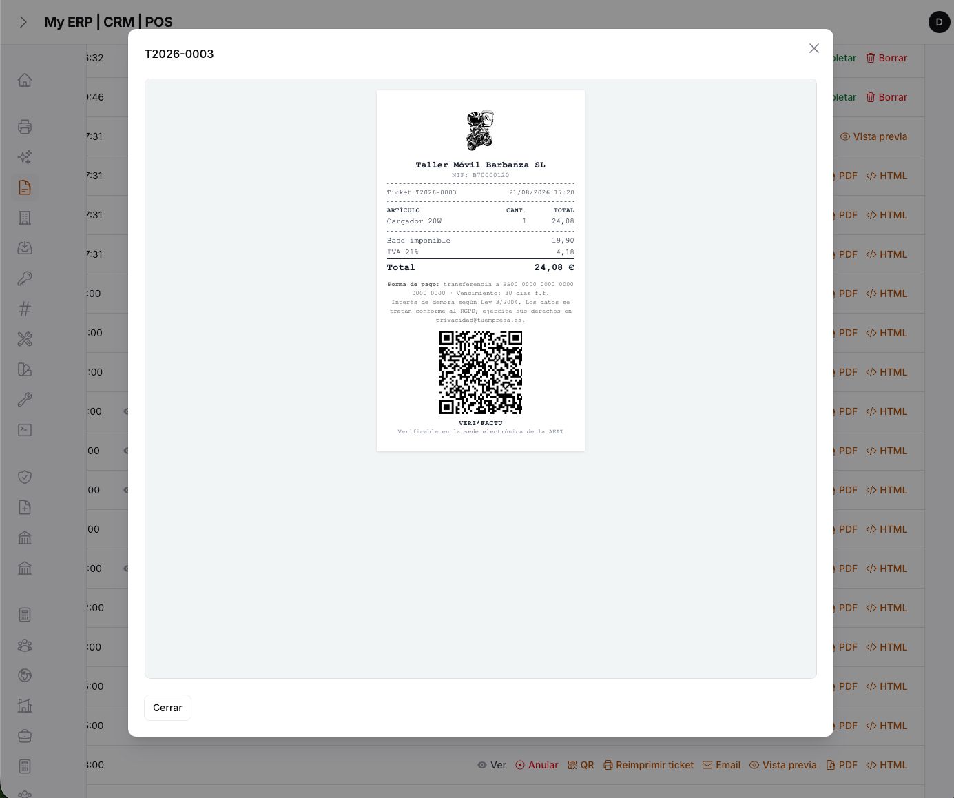 Ticket preview — 80 mm roll with QR