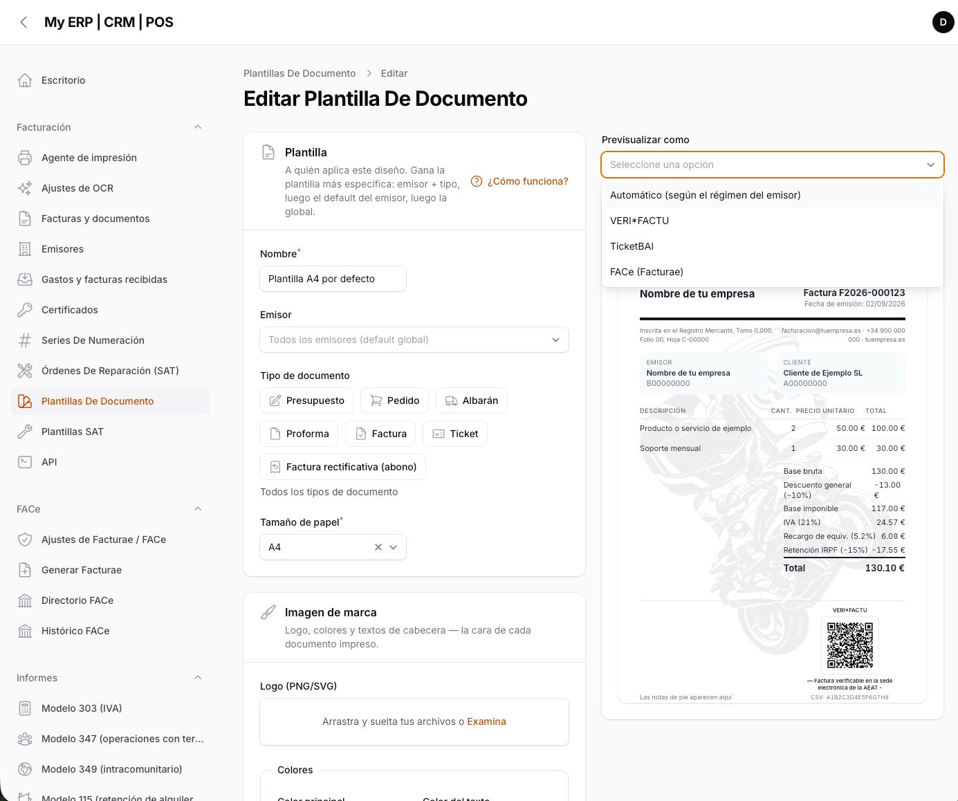 Template designer — live A4 preview