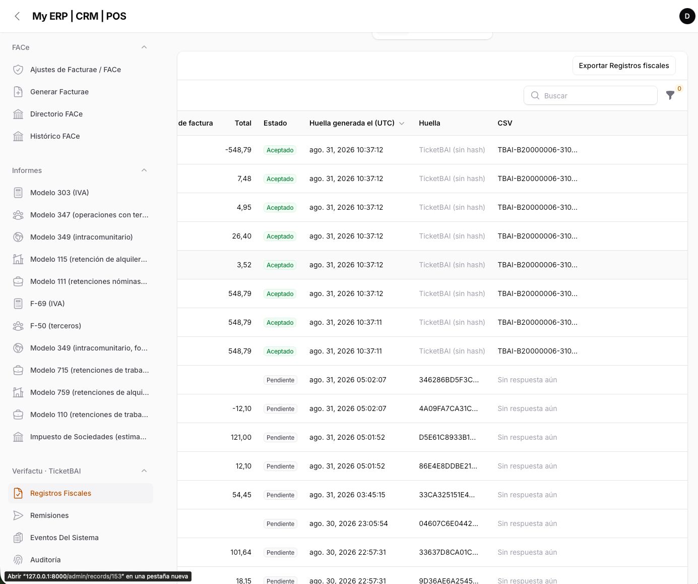 Fiscal records — hash chain, statuses, QR self-check