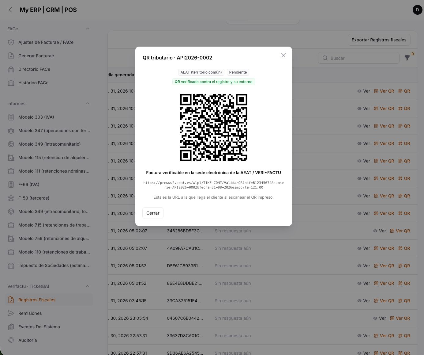 Tributary QR modal — AEAT / TicketBAI