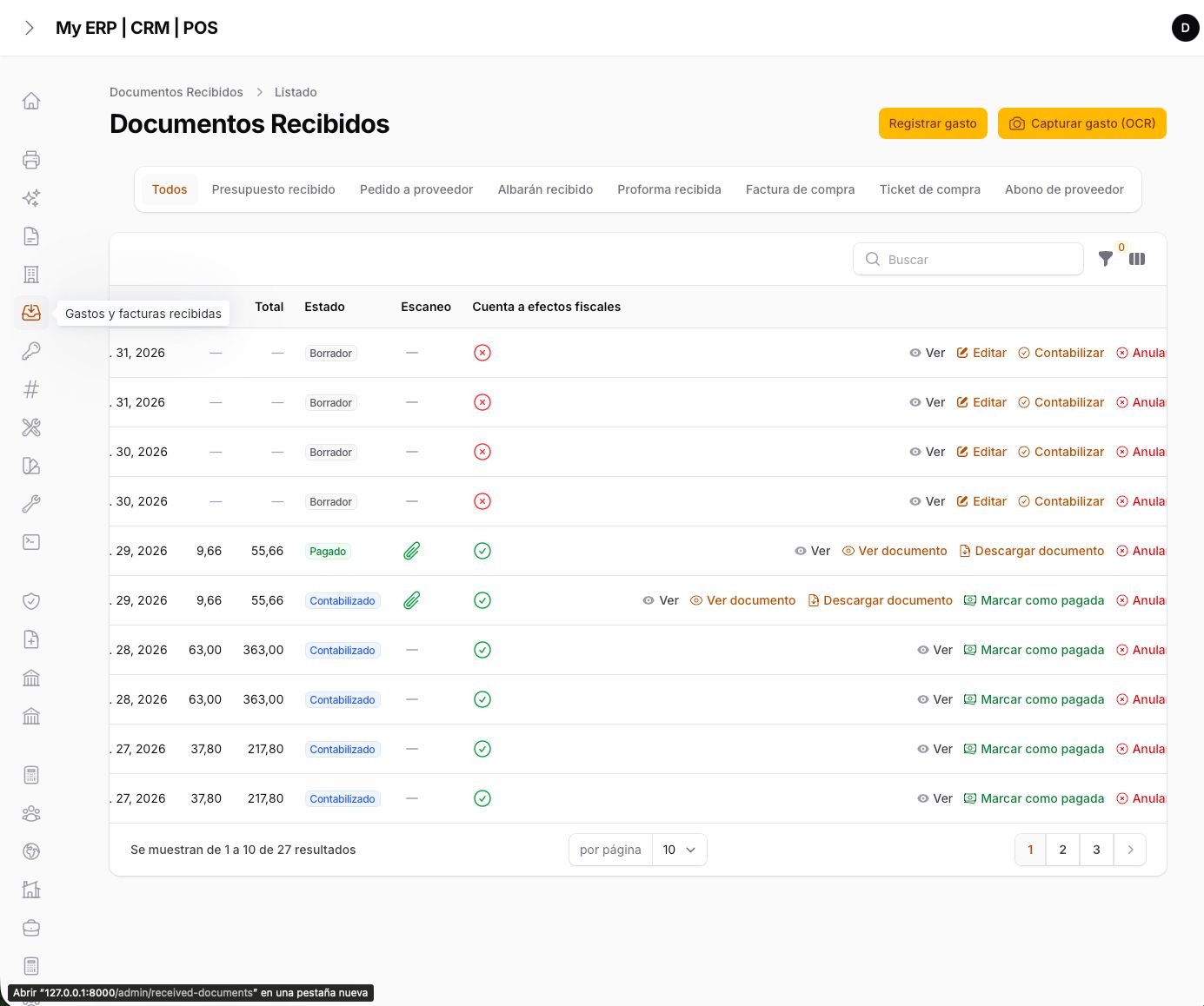Expenses & received invoices — issuer, type, category and scan