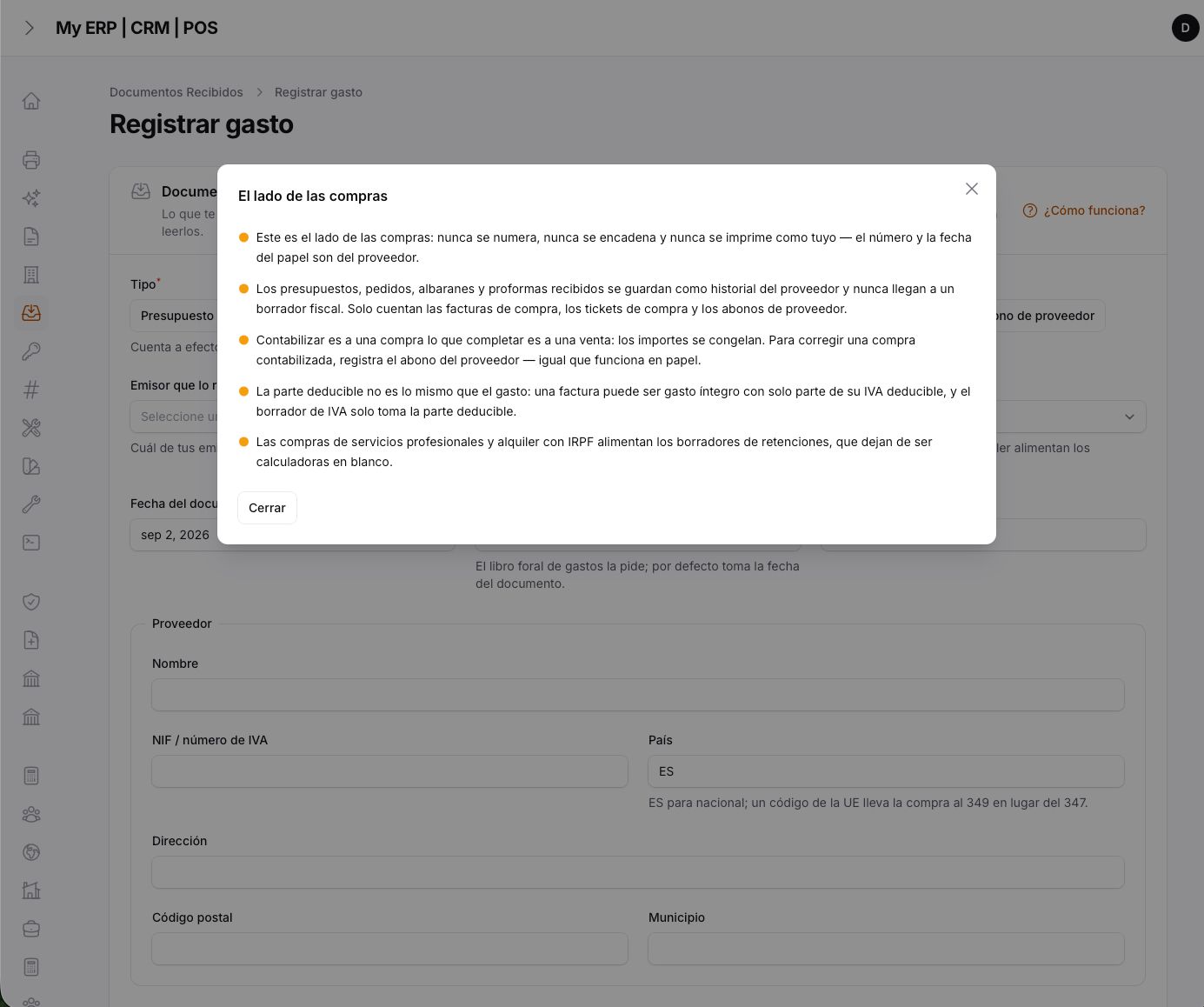 Registering a supplier's paper — deductible share, category, withholding