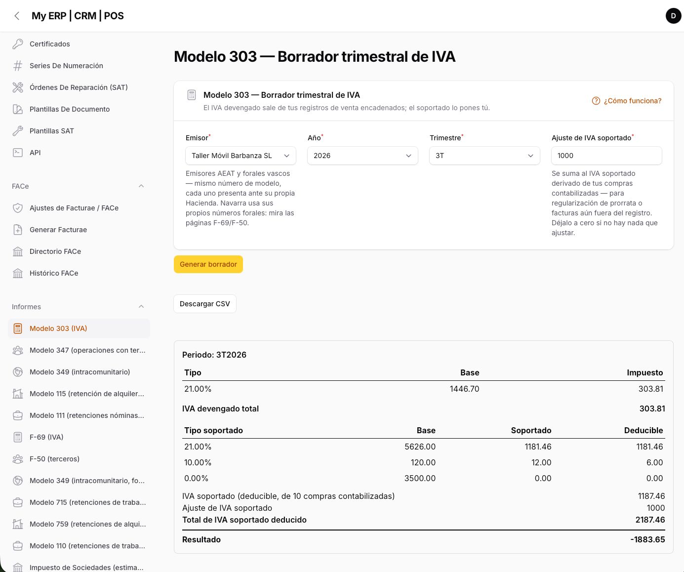 Modelo 303 — output VAT chained, input VAT derived from booked purchases
