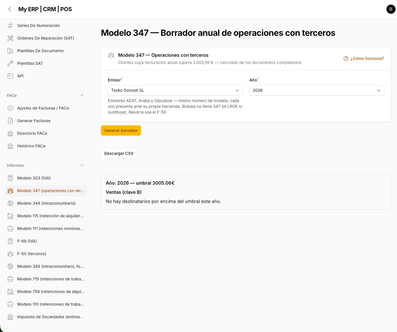 Modelo 347 — both sides of the form: sales (B) and purchases (A)