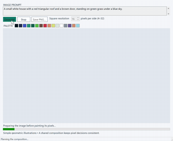 A 16-color house illustration appears as the model assigns colors to randomly visited pixels