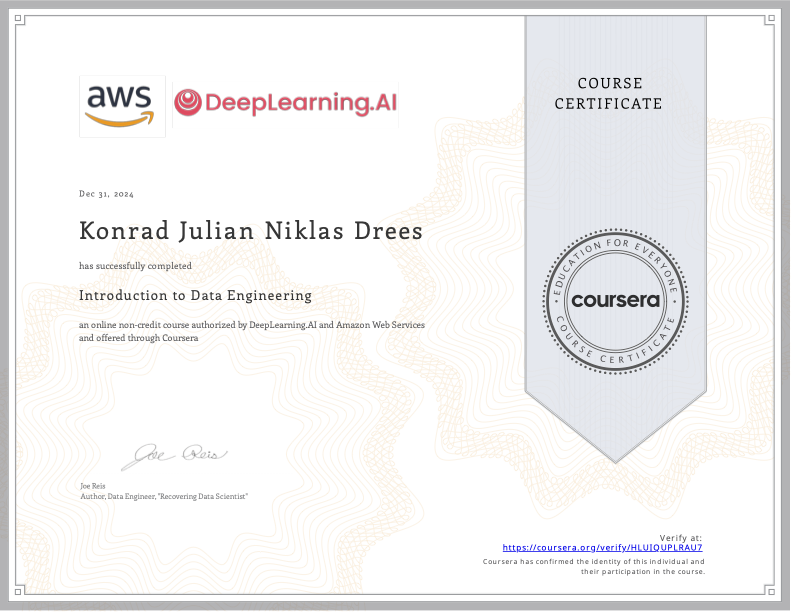 Coursera Introduction to Data Engineering certificate