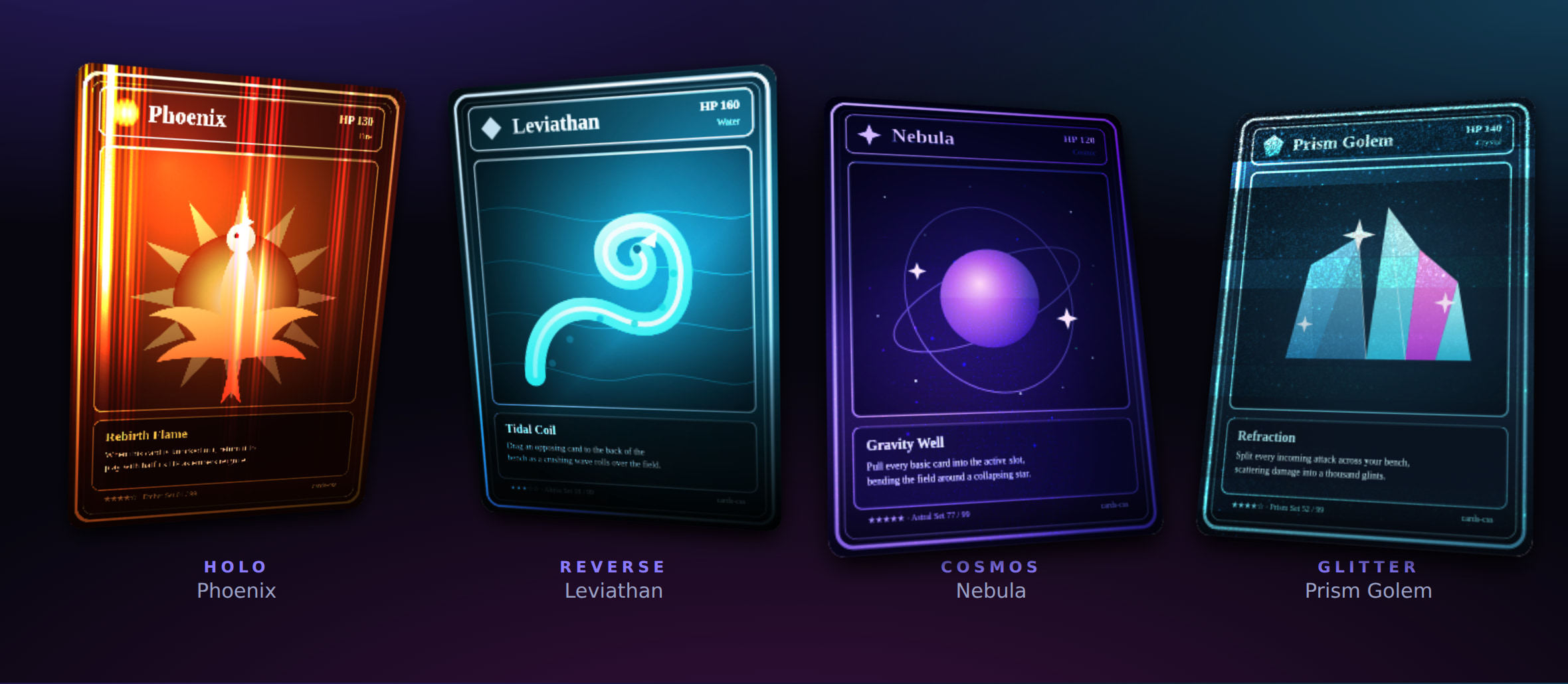 cards-css — holographic trading cards showing the holo, reverse, cosmos and glitter foils