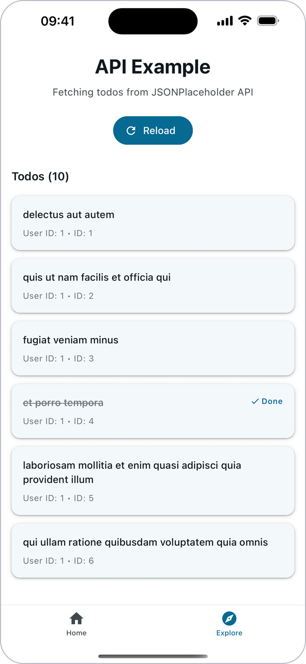 The Todos API example loading data in light mode