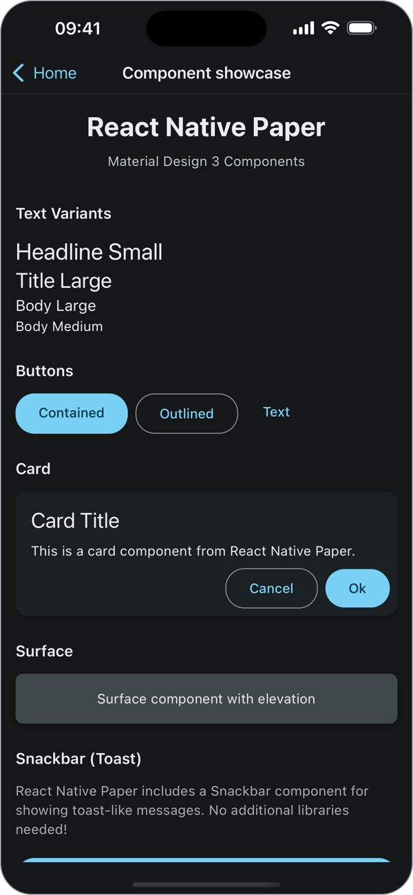 The React Native Paper component showcase in dark mode