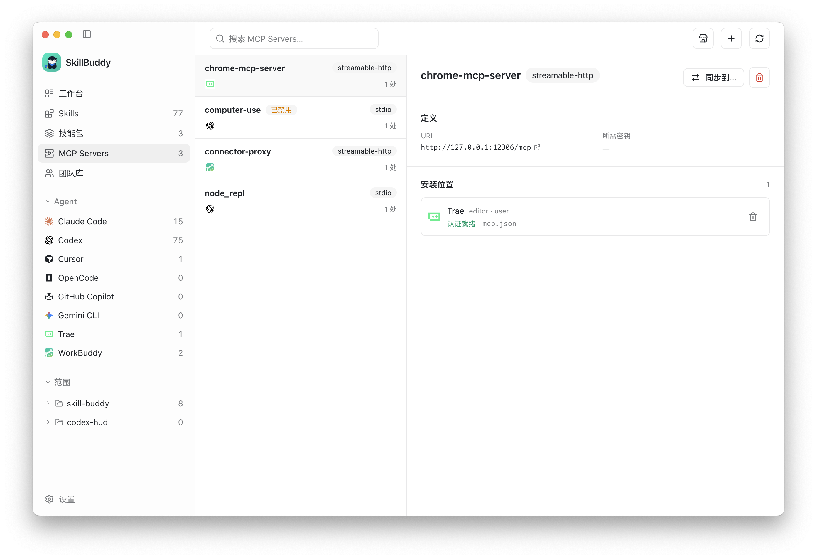 Complete SkillBuddy window — MCP Server management