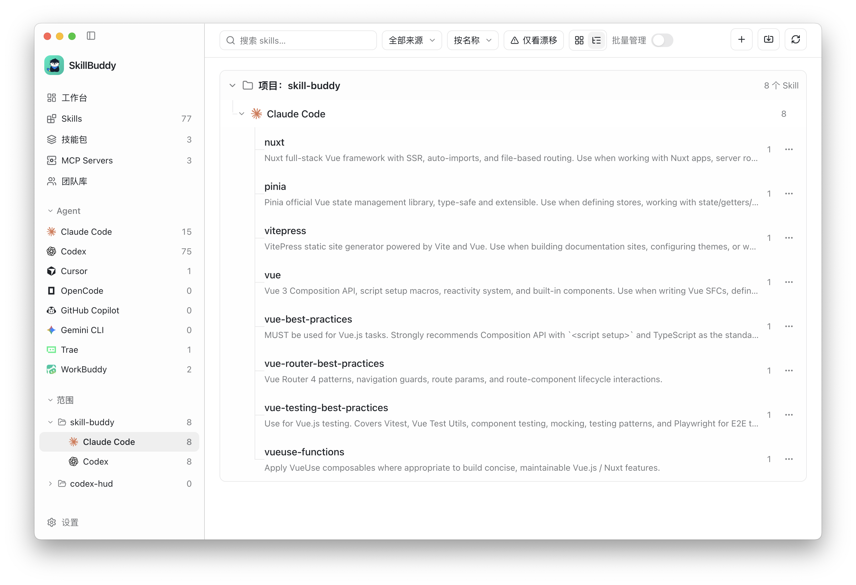 Complete SkillBuddy window — project-scoped Skills
