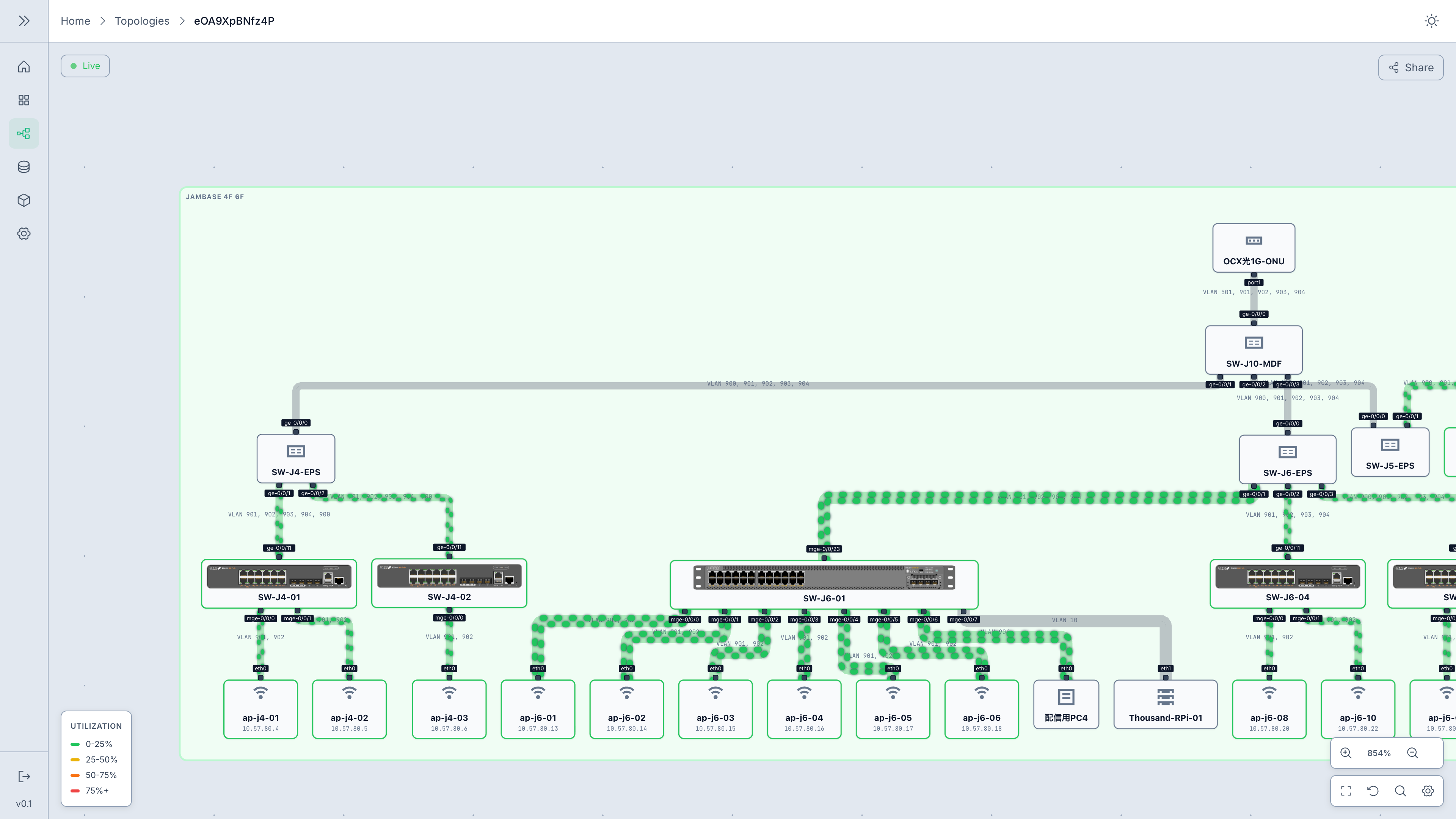 Live weathermap — traffic utilization overlaid on the topology