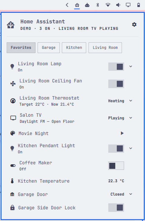 Home Assistant panel in demo mode using the Catppuccin Latte theme