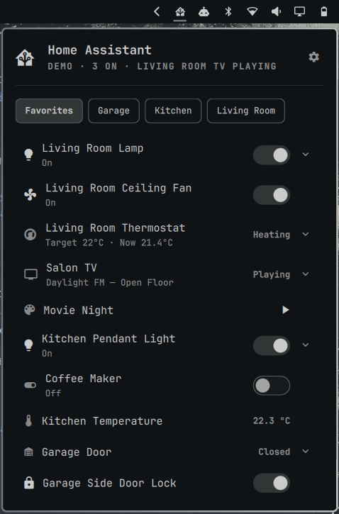 Home Assistant panel in demo mode using the Solitude theme