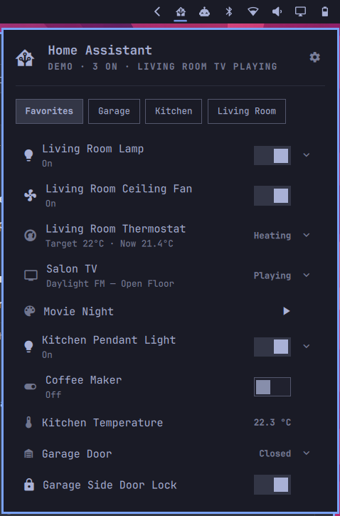 Home Assistant panel in demo mode using the Tokyo Night theme