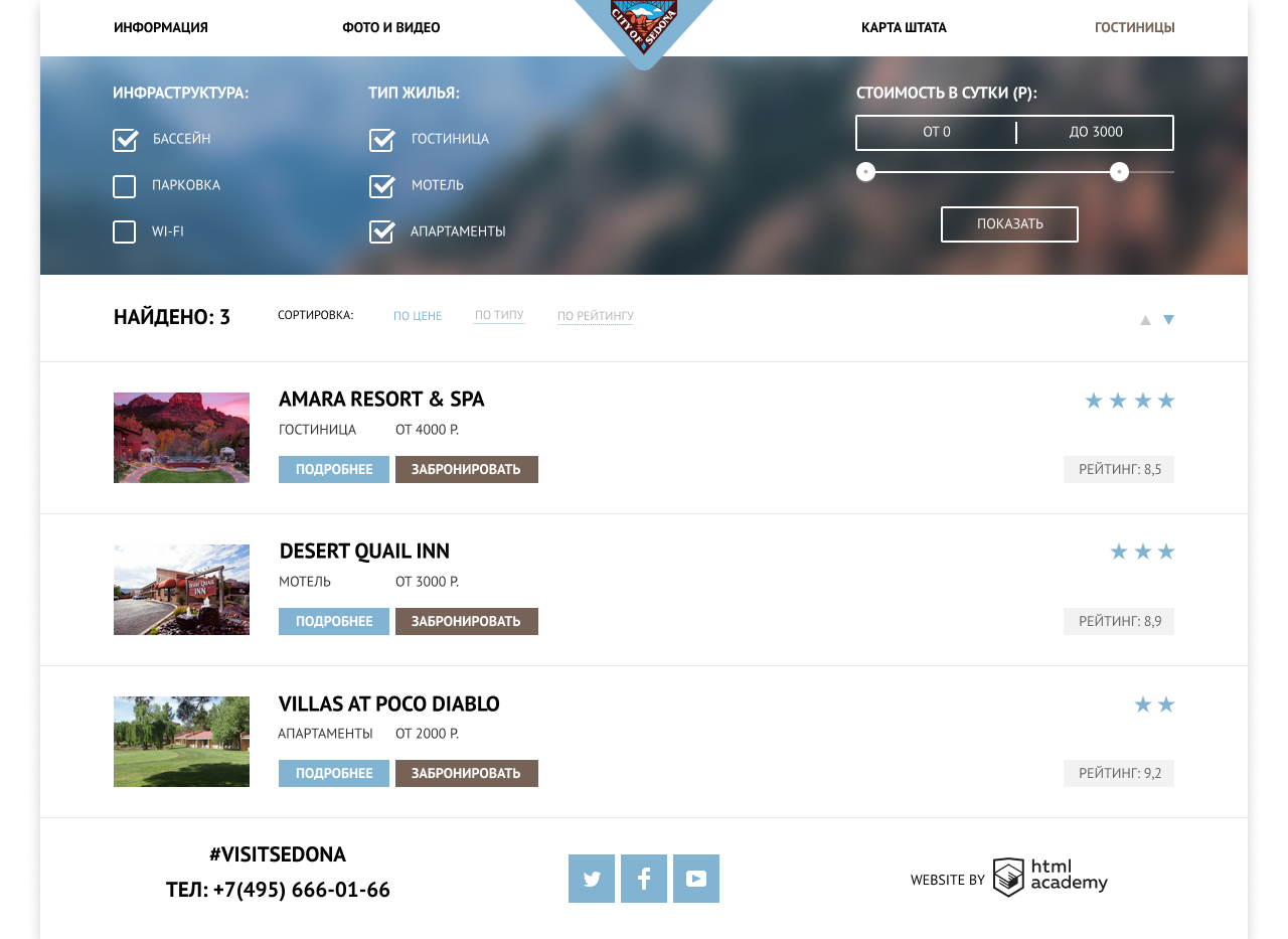 Страница выбора отелей Седоны