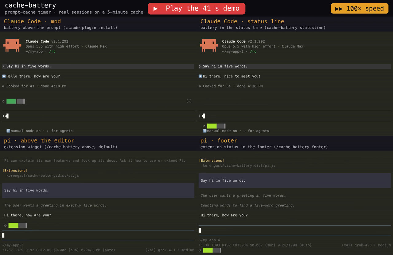 Demo: Claude Code mod, Claude Code status line, pi above the editor, pi footer