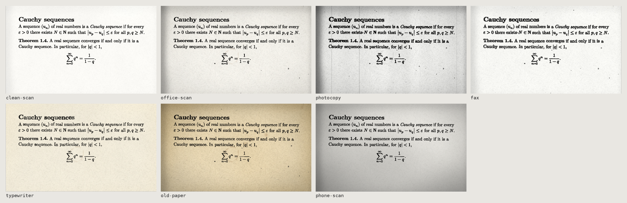 The seven presets on the same excerpt
