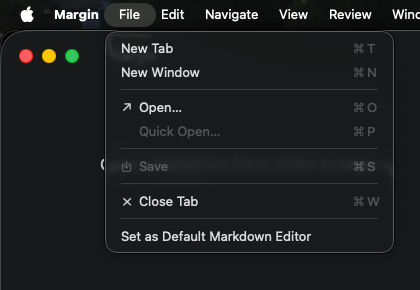 File menu with the new Set as Default Markdown Editor entry