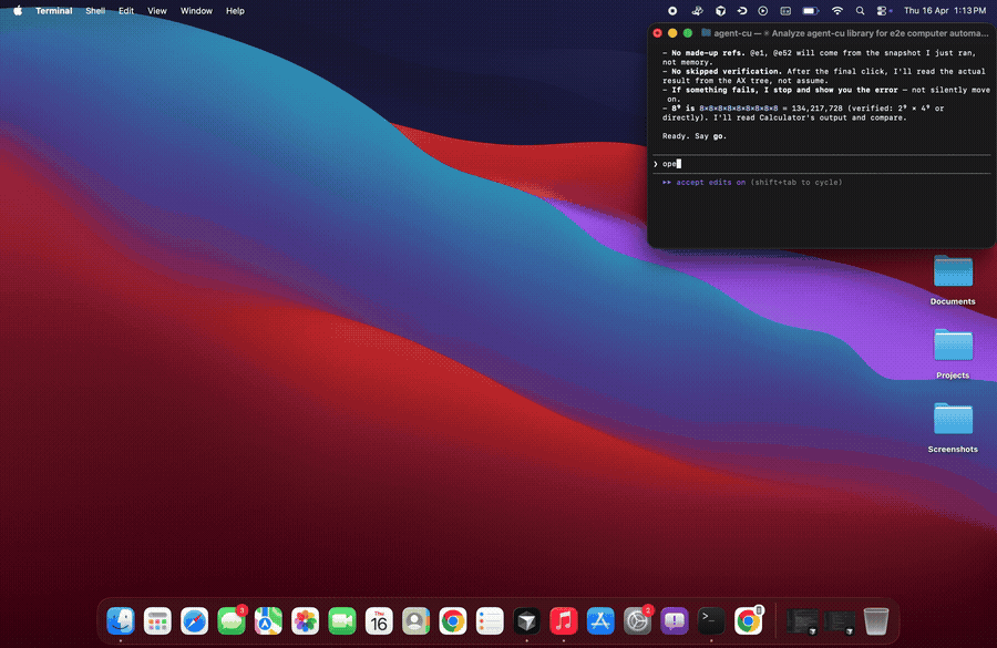 agent-cu demo: opening Music, playing a song, launching Calculator, computing 7^8
