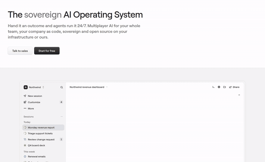The Kortix CompanyOS home page: the sovereign CompanyOS, and an agent building a revenue dashboard for a sample company in its own session