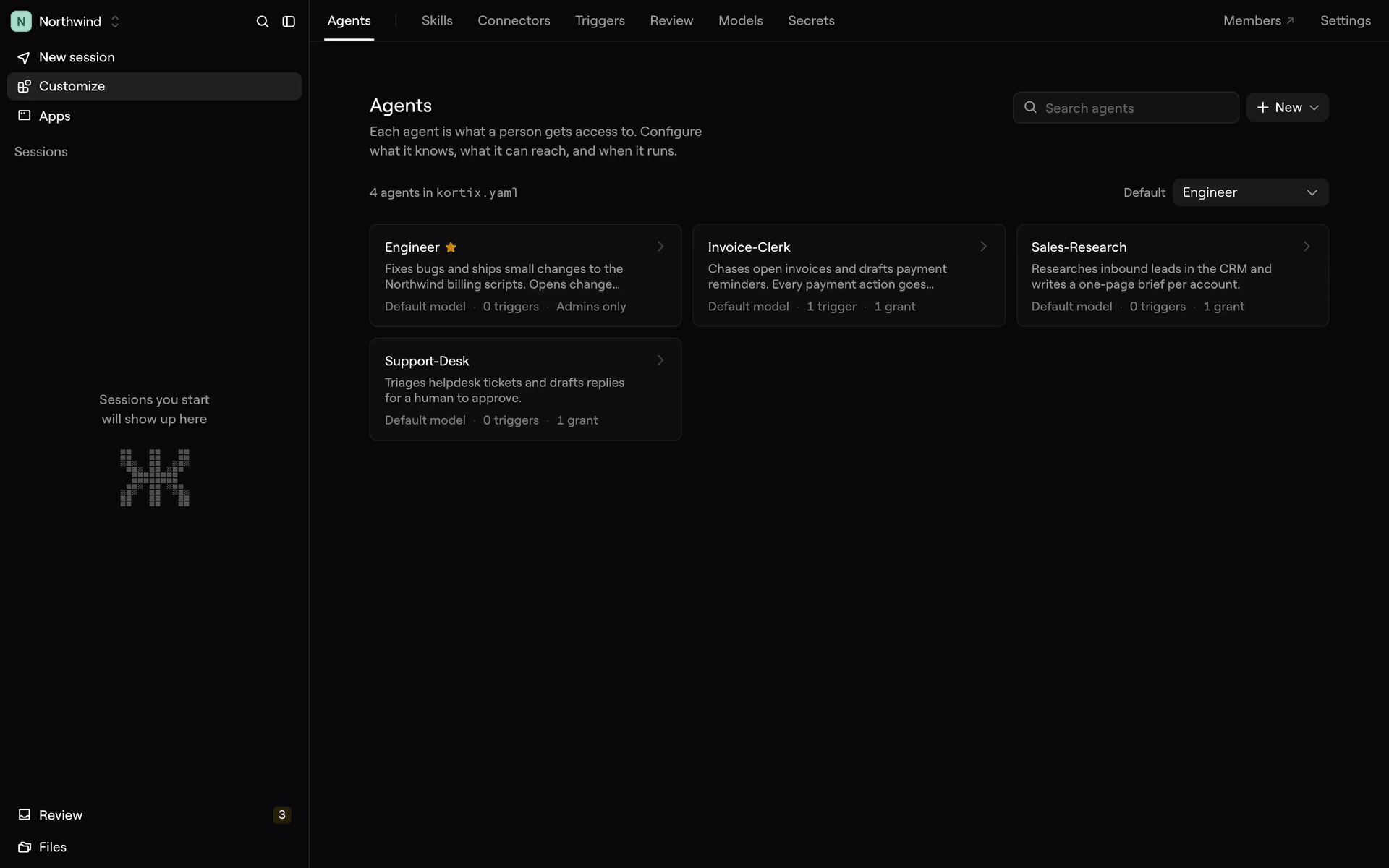 Configure your agents and exactly what they can reach — connectors, Kortix permissions, tool rules, secrets and groups — approve the calls an agent makes, and audit every action it takes