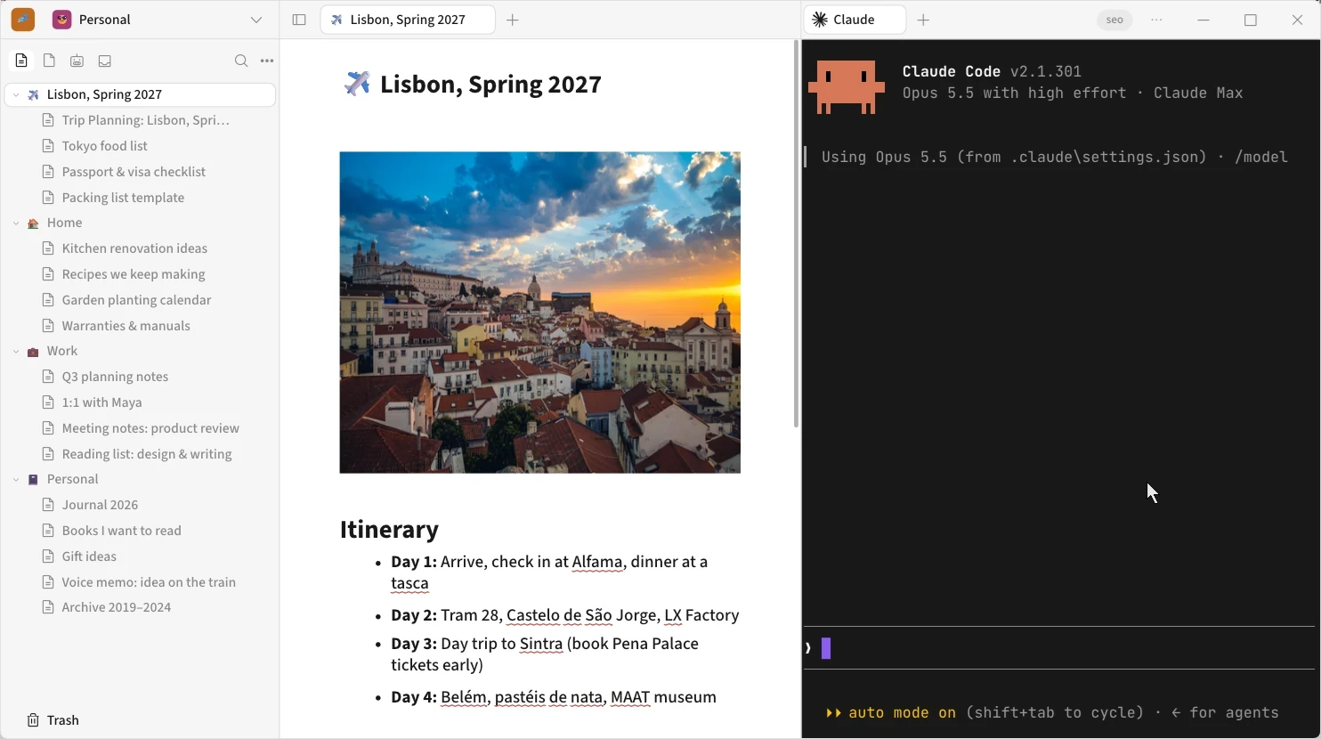 Koru on Windows: a travel-planning note with a photo and an itinerary, next to a Claude Code agent tab