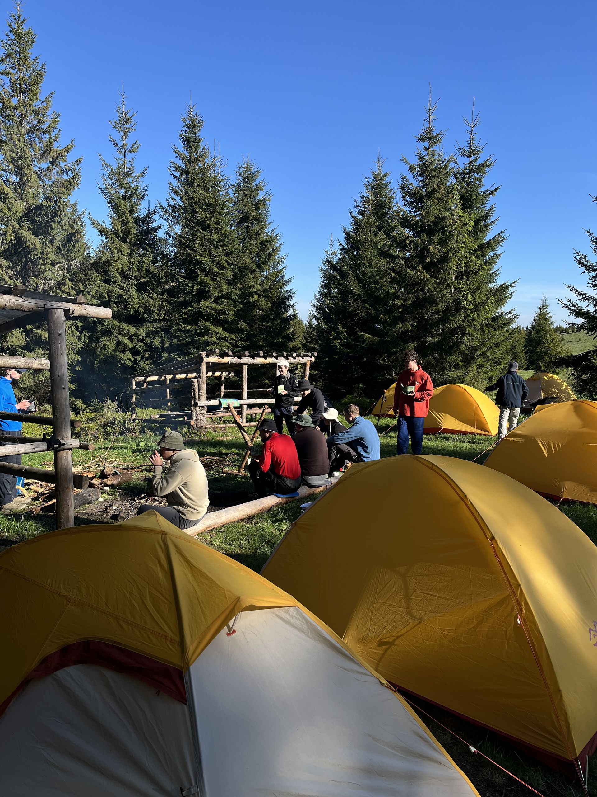 Morning at camp, gear and tents ready