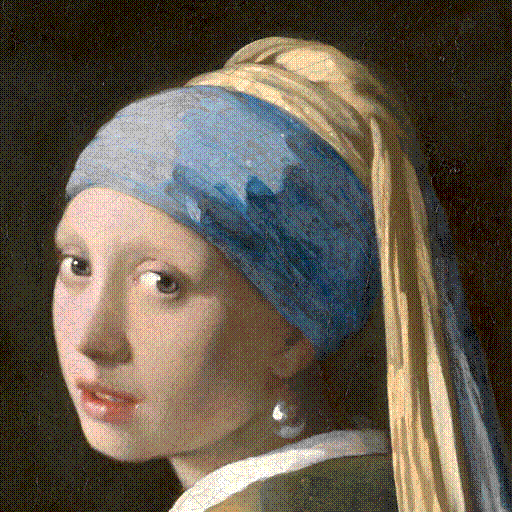 Test image "Girl with a Pearl Earring" quantized with system default 8 BPP palette using Bayer 8x8 dithering