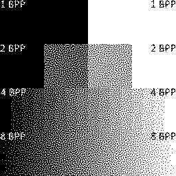Grayscale color shades quantized with black and white palette, using blue noise dithering