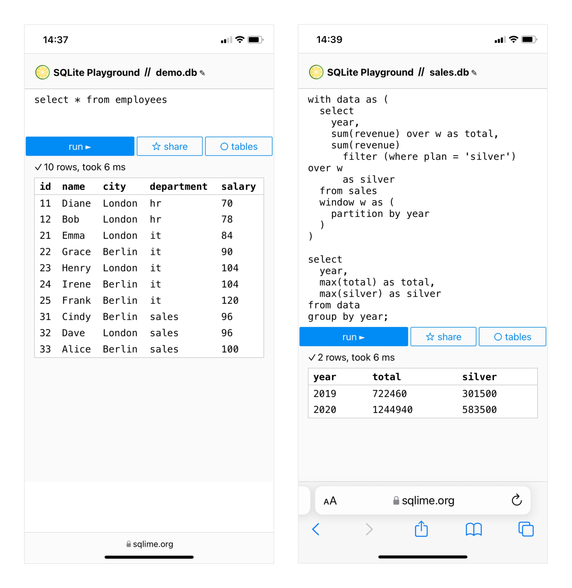 SQLime on mobile