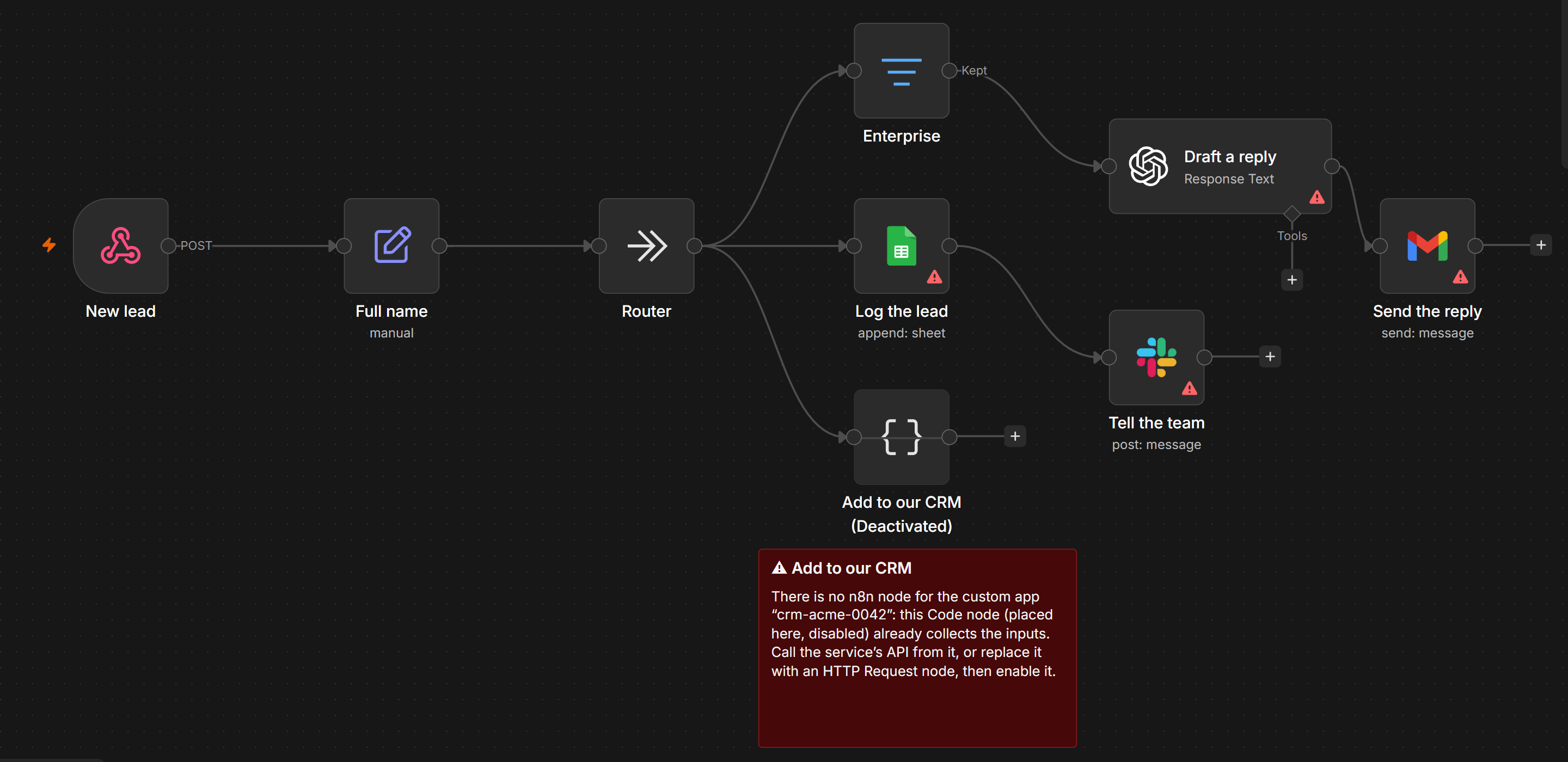 The converted demo scenario in the n8n editor