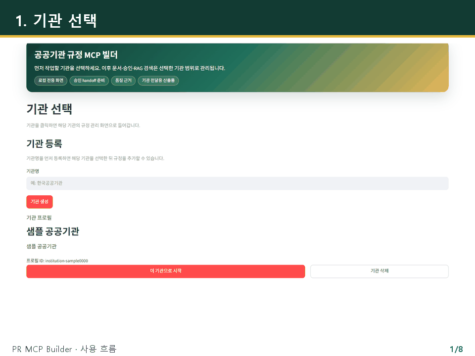 기관 선택부터 규정 전처리, 검수·승인, MCP 생성과 AI 연결까지 보여 주는 PR MCP Builder 데모
