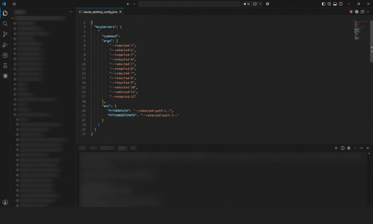 Claude Desktop 설정 파일 전체에 Builder JSON을 붙여 넣는 실제 화면