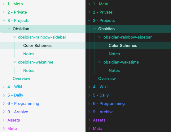 Screenshot of some color schemes in Obsidian