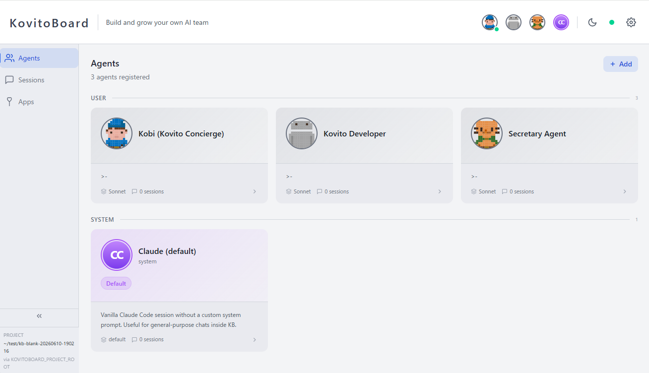 See your whole team — agents with their own personalities and roles, all at a glance on the dashboard.