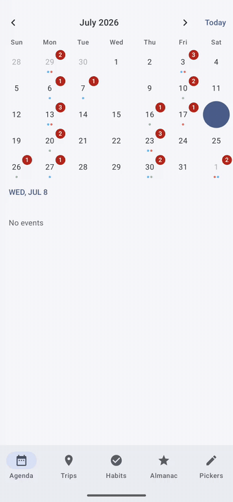 Sample app walkthrough: month calendar with event badges, trip range selection with per-day prices, habit progress rings, Chinese lunar almanac, and Material 3 date picker dialogs