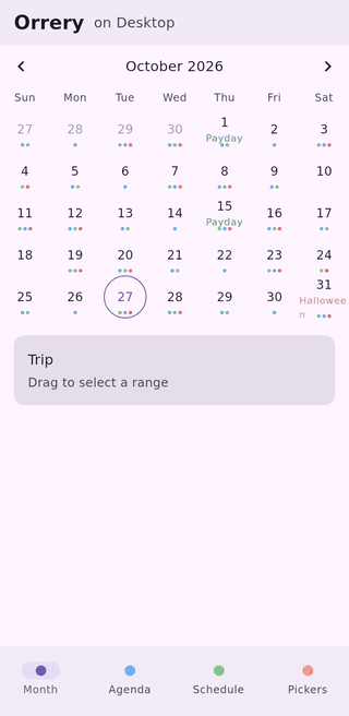 Desktop demo: range selection with holiday and payday labels, Agenda list, Day and Week schedule views, and the date range picker with presets
