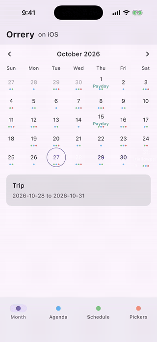 iOS simulator demo: the same calendar tour running on iOS