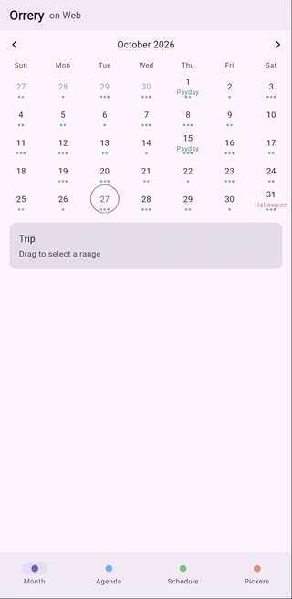 Web demo: the same calendar tour running on Kotlin/Wasm in Chrome
