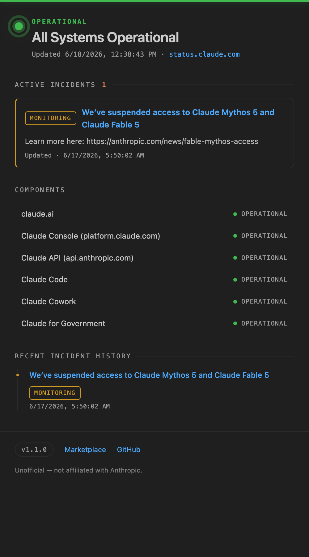 Claude Service Status details panel