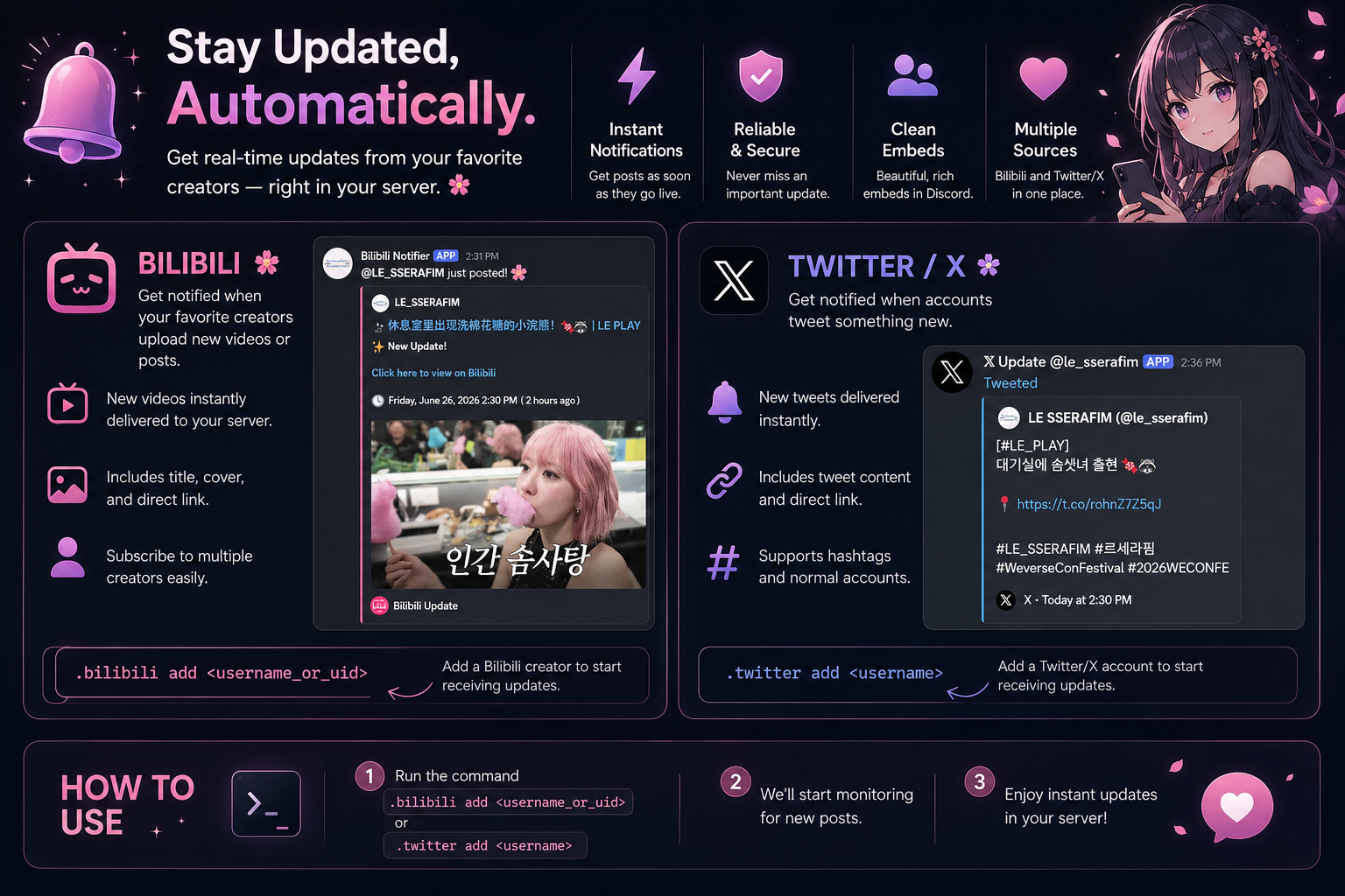 Bilibili and Twitter notification examples from Hanni Bot